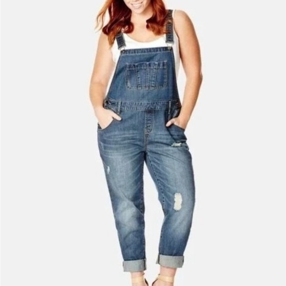 City Chic Denim - City Chic Women's Distressed Blue Denim Overalls Size XS/ same as size 14